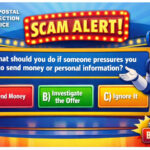 Game show style USPS mailer featuring a robot pointing at answers under the title SCAM ALERT