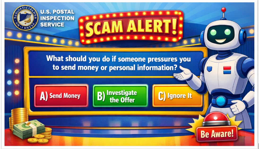 Game show style USPS mailer featuring a robot pointing at answers under the title SCAM ALERT