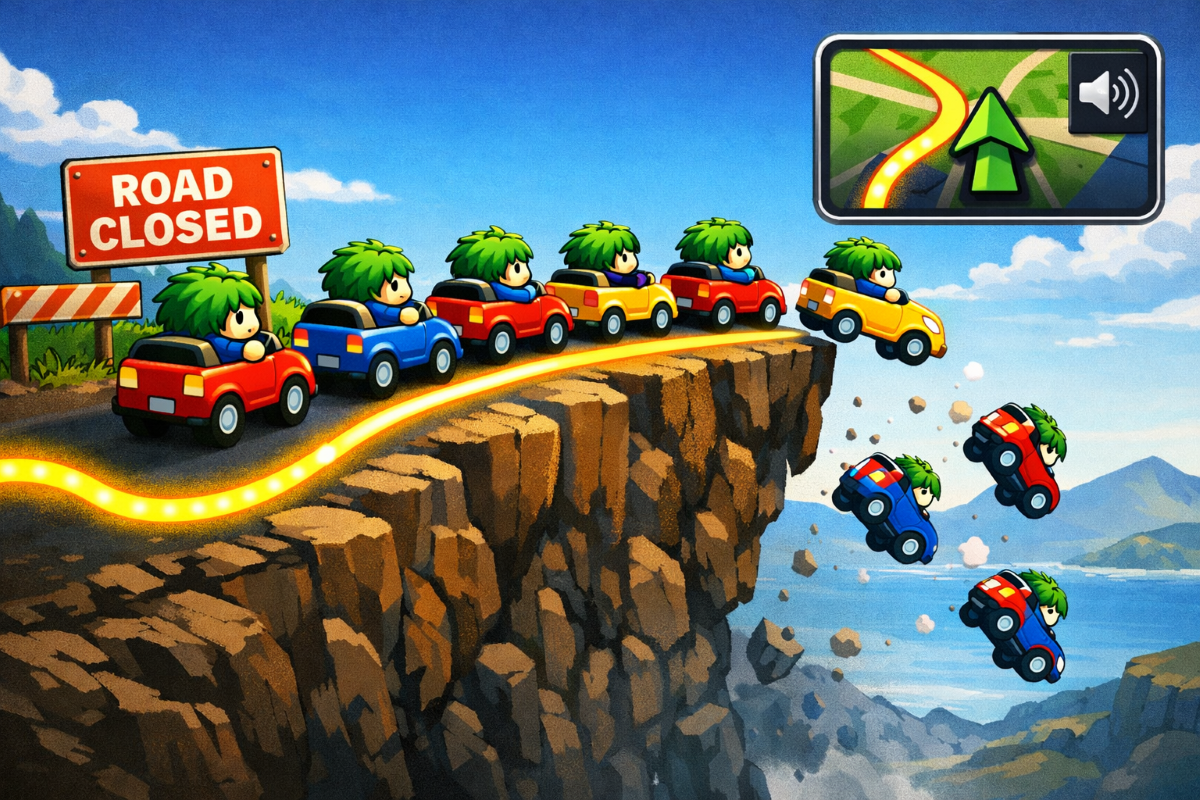 Retro-style illustration of small green cartoon drivers in tiny cars following a glowing GPS route off a cliff while ignoring a “Road Closed” sign, symbolizing blind trust in polished technology.