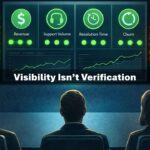 Three professionals at a conference table with a dashboard with all green indicators, while colored data pipelines feed into it, hinting at hidden problems.