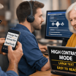 Illustration showing multiple digital interfaces with high-contrast text, enlarged fonts, and screen reader interaction, representing accessibility features in everyday technology.