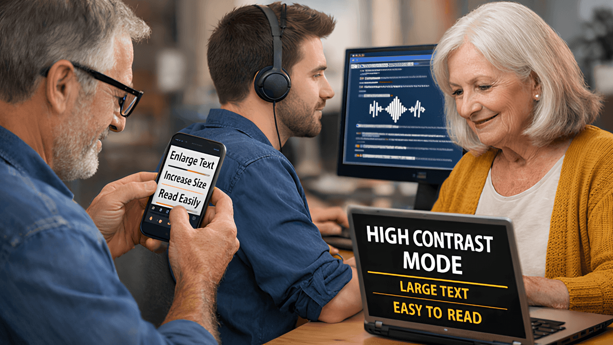 Illustration showing multiple digital interfaces with high-contrast text, enlarged fonts, and screen reader interaction, representing accessibility features in everyday technology.