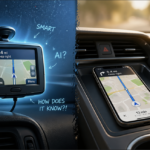 Split-screen inside a car: an old standalone GPS on the windshield and a modern phone map on the console, showing how “smart” tech feels futuristic at first, then ordinary over time.