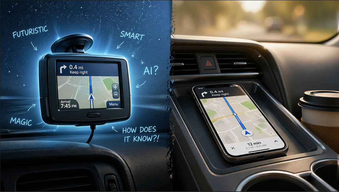 Split-screen inside a car: an old standalone GPS on the windshield and a modern phone map on the console, showing how “smart” tech feels futuristic at first, then ordinary over time.