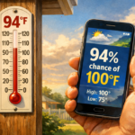 Illustration of an outdoor thermometer reading 94°F mounted on a wooden post beside a hand holding a smartphone weather app showing a 94% chance of reaching 100°F, highlighting the difference between direct measurement and prediction.