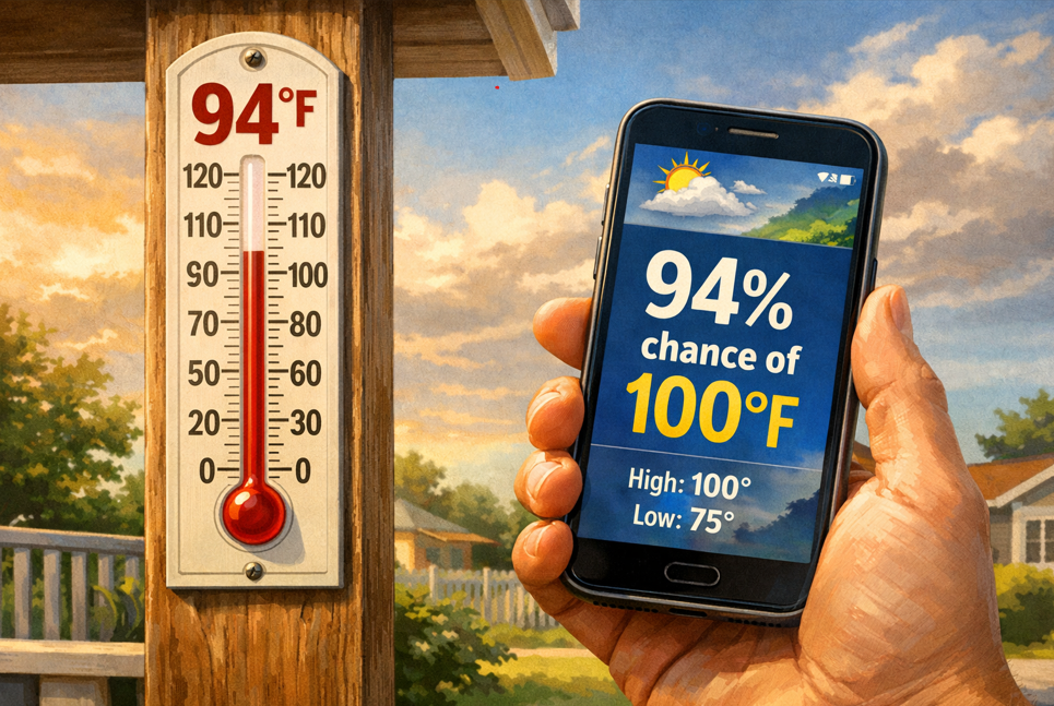 Illustration of an outdoor thermometer reading 94°F mounted on a wooden post beside a hand holding a smartphone weather app showing a 94% chance of reaching 100°F, highlighting the difference between direct measurement and prediction.