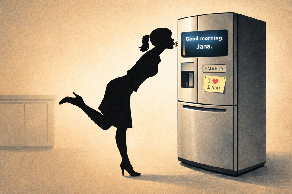 Lady kissing Smart Refridgerator