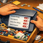 Illustration of a laptop being shoved into an overflowing junk drawer while risky software settings remain turned on, showing how ignored defaults and buried settings quietly shape behavior and risk.