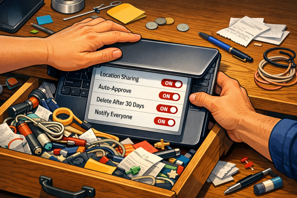 Illustration of a laptop being shoved into an overflowing junk drawer while risky software settings remain turned on, showing how ignored defaults and buried settings quietly shape behavior and risk.