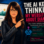 Tech-style illustration of woman pointing at the headline “The AI Kept Thinking My Website Was About Diamonds” beside a confused AI chatbot, diamonds, and a GIA.net website screen. 