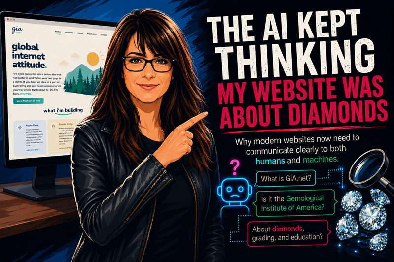 Tech-style illustration of woman pointing at the headline “The AI Kept Thinking My Website Was About Diamonds” beside a confused AI chatbot, diamonds, and a GIA.net website screen. 