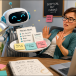 A small robot offers a tray of tidy bullet points, checklists, and notes like food while a skeptical office worker leans back in refusal.