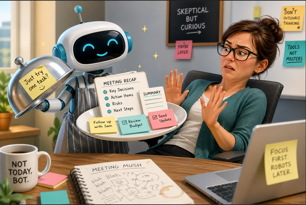 A small robot offers a tray of tidy bullet points, checklists, and notes like food while a skeptical office worker leans back in refusal.