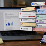 Laptop buried in overlapping notification popups for chat, email, calendar, updates, and antivirus alerts, showing how constant alerts interrupt focus and derail work.