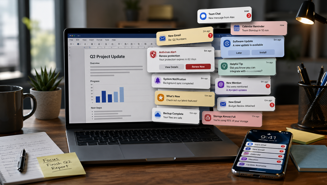 Laptop buried in overlapping notification popups for chat, email, calendar, updates, and antivirus alerts, showing how constant alerts interrupt focus and derail work.
