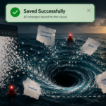 Computer screen showing a document and notes swirling around a whirlpool