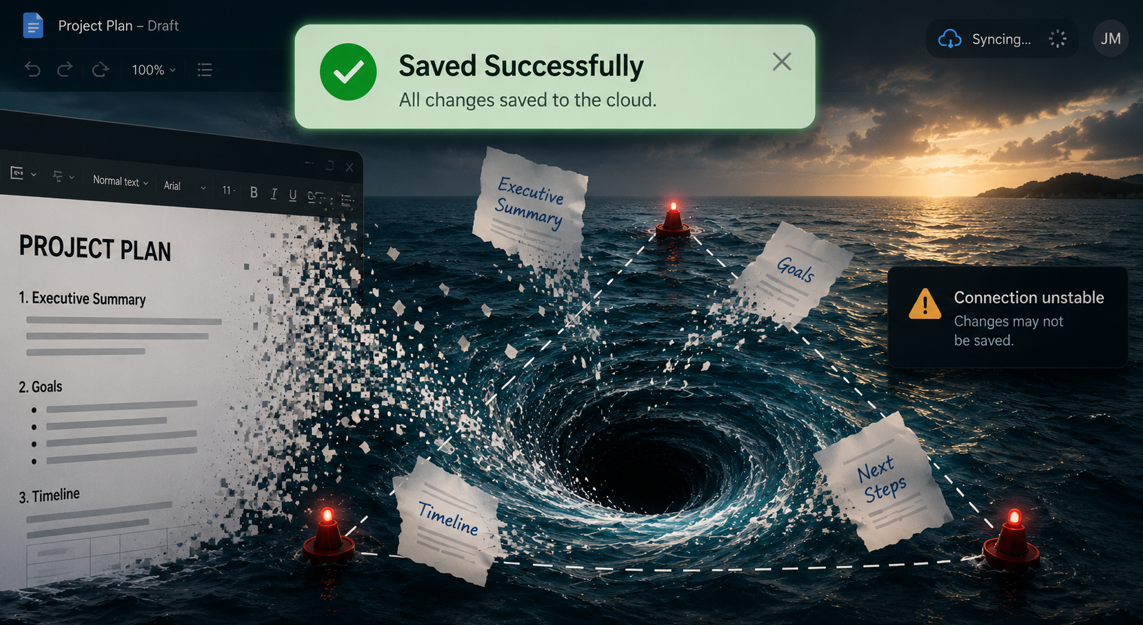 Computer screen showing a document and notes swirling around a whirlpool